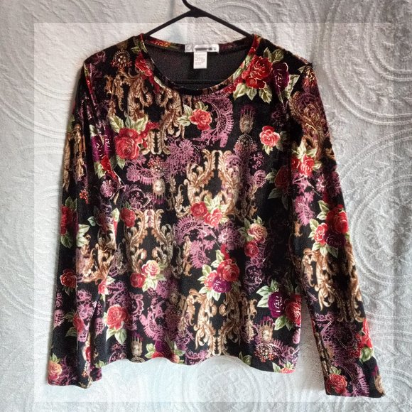 Dress Barn Elegant Stretch Velveteen Floral Pattern Long Sleeved Blouse Top Sz L - Picture 2 of 11